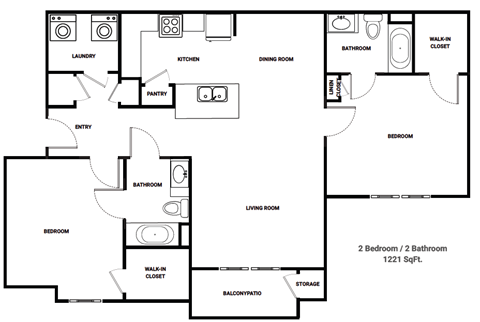 Floor plan for 2 beds, 2 baths, 1221 sqft